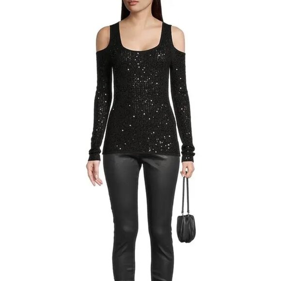 Donna Karan Sequin Knit Cold-Shoulder Sweater Black Size XS NWOT - Picture 4 of 10